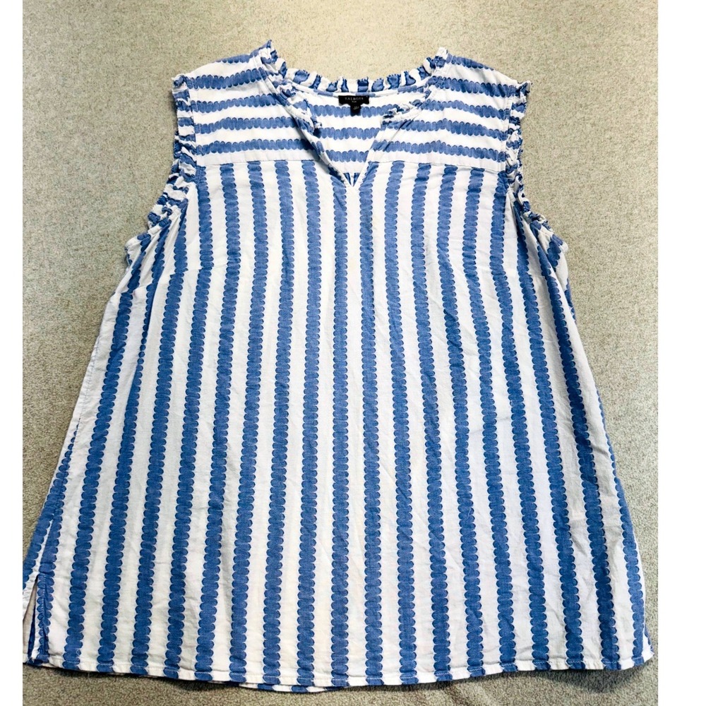Talbots Plus 1X Blue White Striped Sleeveless Blouse Ruffle Neck Lightweight Top